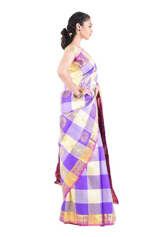 Picture of Purple Uppada Silk Saree with Checks and Leafy Motives