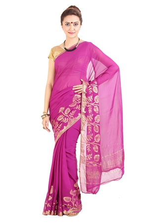 Picture of Plain Pink Georgette Saree with Golden Satin Border Crafted with Floral Motifs