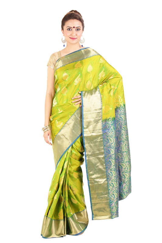 Picture of Crimson Yellow & Teal Green Pure Silk Bridal Shari Crafted with Artistic Leafy Motives