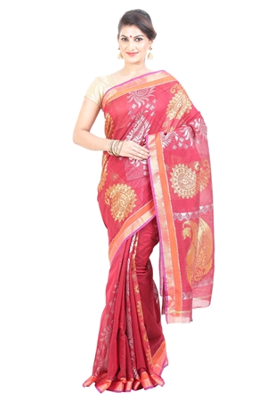 Picture of Red Handwoven Cotton Saree Crafted with Flowery Mango Motives