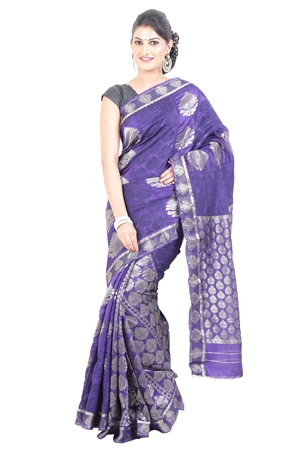 Picture of Violet Banarasi Handloom Silk Saree with Self and Silver Zari Buta Design