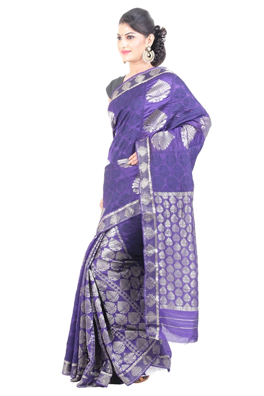 Picture of Violet Banarasi Handloom Silk Saree with Self and Silver Zari Buta Design