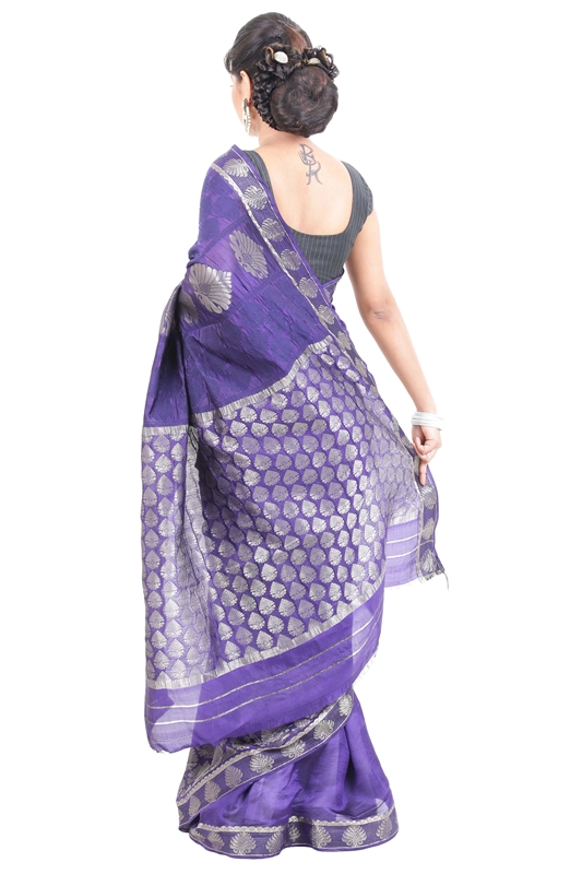 Picture of Violet Banarasi Handloom Silk Saree with Self and Silver Zari Buta Design