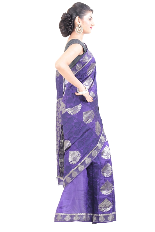 Picture of Violet Banarasi Handloom Silk Saree with Self and Silver Zari Buta Design