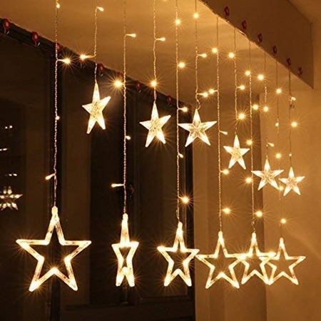 Picture of Desidiya 12 Stars 138 Led Curtain String Lights Window Curtain Lights With 8 Flashing Modes Decoration For Christmas, Wedding, Party, Home, Patio Lawn Warm White (138 Led-Star, Copper, Pack of 1)