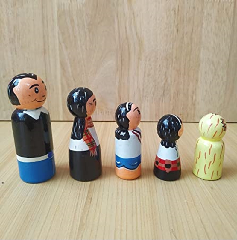 Picture of Channapatna Toys Peg Dolls Wooden Painted Family Pretend Play Figurines - Colorful Diverse Natural Toys | Organic Handmade Play Kit for Kids &amp; Toddlers (2 Years+) - Pack of 5 pcs Roll over image to zoom in Channapatna Toys Peg Dolls Wooden Painted Family Pretend Play Figurines