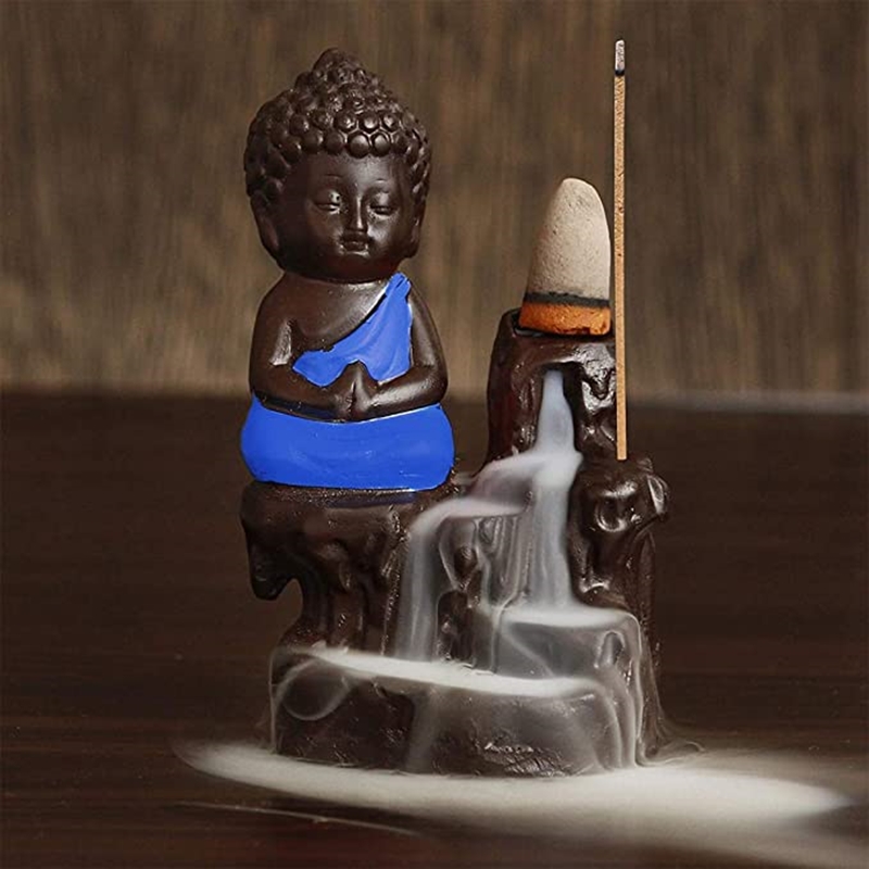 Picture of eCraftIndia Meditating Monk Buddha Smoke Backflow Cone Incense Holder Decorative Showpiece with 10 Free Smoke Backflow Scented Cone Incenses