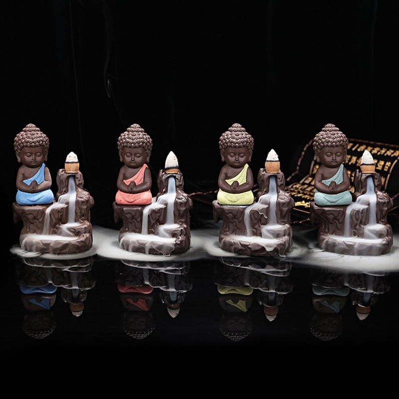 Picture of eCraftIndia Meditating Monk Buddha Smoke Backflow Cone Incense Holder Decorative Showpiece with 10 Free Smoke Backflow Scented Cone Incenses