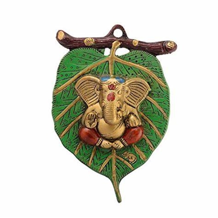 Picture of eCraftIndia Metal Lord Ganesha in Red Dhoti on Green Leaf Wall Hanging (AGG512_GN), Multicolour